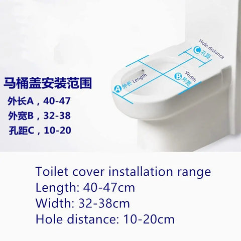 Universal Rock Solid Soft Close Toilet Seat With Top Shelf Comfy Cushion And Zero Fuss Quick Release Lid installation size guide 40-47cm length, 32-38cm width