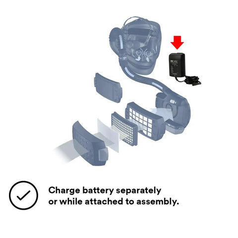 Smart Lithium Ion Battery Charger For Adflo PAPR Welding Rig Powers Speedglas Helmets And Versaflo Headtops With Charge Indicator Lights 35-0099-08 Pro diagram showing components and battery charger placement.