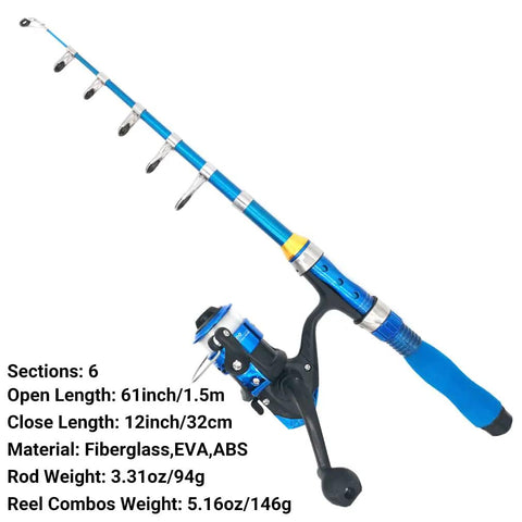 Blue Kids Fishing Rod Set 1.5M Telescopic Pole With Reel, Line And Tackle Kit shown with sections at open length