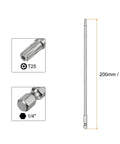 Pro Grade T25 Security Torx Bits With Quarter Inch Hex Shank And Eight Inch Length Forged From Premium S2 Steel, showing T25 tip and hex shank.