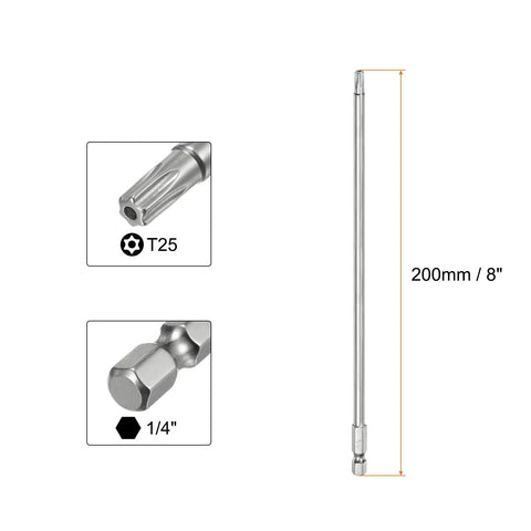 Pro Grade T25 Security Torx Bits With Quarter Inch Hex Shank And Eight Inch Length Forged From Premium S2 Steel, showing T25 tip and hex shank.