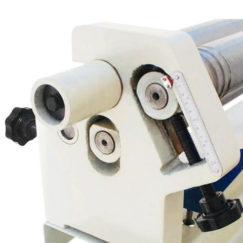 Built Tough Electric 50 Inch Heavy Duty Metal Roller For Smooth Sheet Metal Bending motor components including foot pedal and adjustment knobs.
