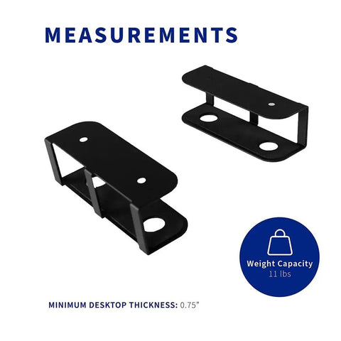 Measurements of the heavy duty under desk laptop holder showing weight capacity of 11 lbs for a boss level workspace setup.