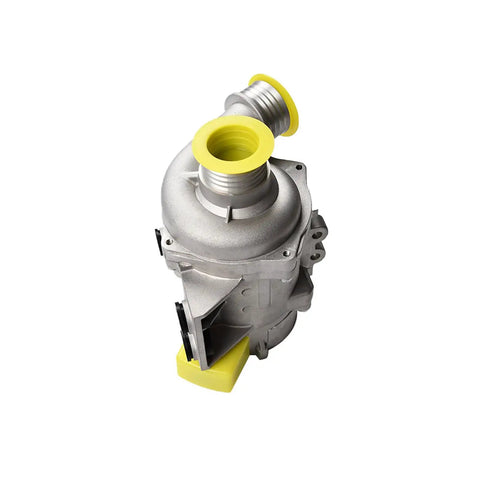Top Rated Electric Water Pump And Mounting Bolts For BMW Cooling Systems Straight Fire Performance, silver pump with yellow hoses.