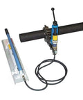 Heavy-Duty Pro-Grade Hydraulic Pipe Cutter Built Different For Smooth Cuts On Two To Six Inch Piping Featuring Tough As Nails Forged Steel Jaws That Thrive At 8700 To 9000 PSI, showing hydraulic setup on a pipe.