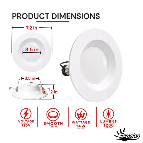 Samsion Smooth Reflector Trim Retrofit Kit, 6 Inch Dimmable LED 5CCT 2700K 3000K 3500K 4000K 5000K Downlight Recessed Lighting product dimensions image, showing size details.