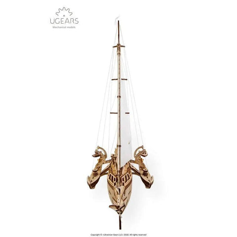 Three Dimensional Wooden Puzzle Kit for a Mechanical Trimaran Merihobus Sailboat with Realistic Rigging Winches and Hull Details Ideal for DIY Enthusiasts Gearheads and Hobbyists, front view