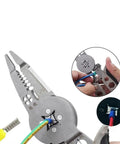 Professional Grade Electrical Wire Stripper And Crimping Pliers Combo Tool, using ratchet mechanism on wire.