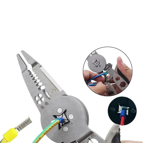 Professional Grade Electrical Wire Stripper And Crimping Pliers Combo Tool, using ratchet mechanism on wire.