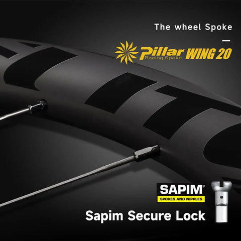 Close-up of 65mm Carbon Wheelset With Ceramic Bearings for road disc brakes showing Sapim spokes and lock.
