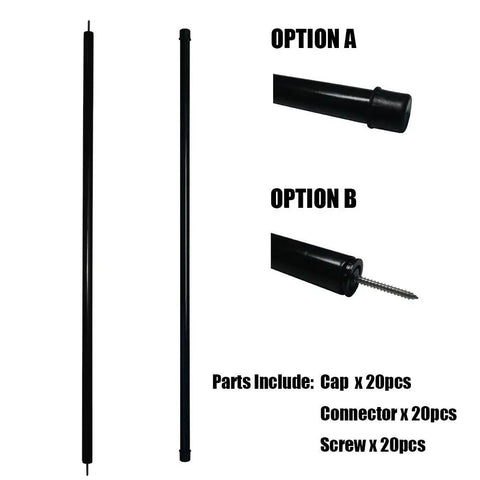10 Pack Three Quarters Inch Round 36 Inch Length Black Powder Coat Balusters For Staircase Deck Porch Rails With Easy Install Durable Steel Includes 20 Connectors And Screws For Quick Railing Upgrade, showing parts and assembly options.