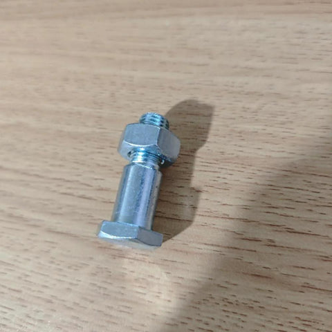 Motorcycle kickstand mounting bolt with nut, silver metal, side view