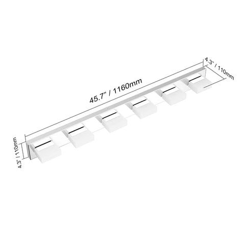 Dimmable 6 Light LED Vanity Fixture For Modern Bathroom Over Mirror, shown with dimensions and frosted white acrylic design.