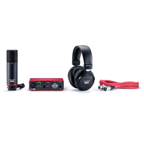 Scarlett Solo Studio 3rd Gen USB Audio Interface Bundle With Condenser Microphone And Headphones displayed with red XLR cable