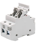 Two Pole 690V DIN Rail Fuse Holder For 10x38mm Fuses With Built In LED Indicator UL Recognized Up To 32A AC For Fast Troubleshooting And Reliable Power Distribution. white dual-pole DIN rail fuse holder with LED indicator