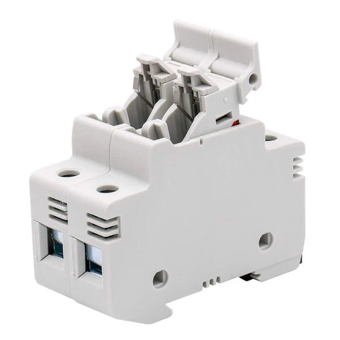 Two Pole 690V DIN Rail Fuse Holder For 10x38mm Fuses With Built In LED Indicator UL Recognized Up To 32A AC For Fast Troubleshooting And Reliable Power Distribution. white dual-pole DIN rail fuse holder with LED indicator