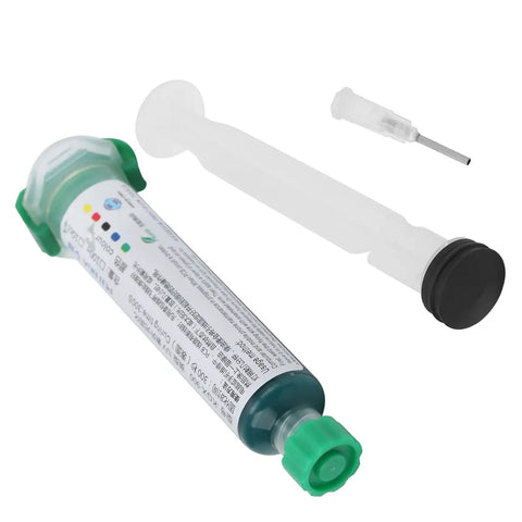 Green Solder-Resist Ink Kit For PCB Repair, 10cc Curing Ink With Pusher Needle, showing syringe and needle components
