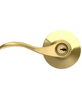 Accent Door Lever With Keyed Entry Lock In Bright Brass Easy Install shown from side angle, featuring a sleek design