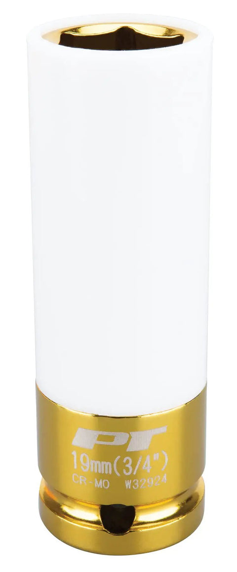 Half Inch Impact Drive Thin Wall Socket 19mm And Three Quarter Inch Gold Finish Built Tough With Chrome Molybdenum