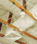Heavy Duty Fire Rated Spray Foam Insulation Kit application on ceiling with wooden beams and air vent for draft sealing.