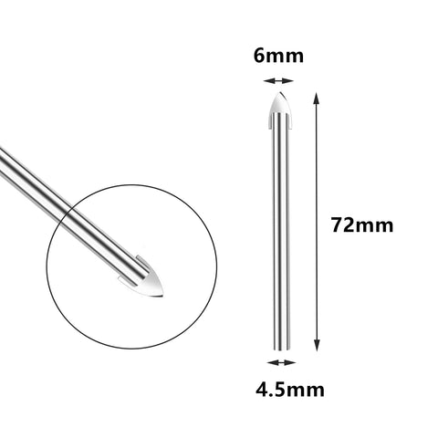 Amonk glass drill bit, 6mm carbide-tipped, 72mm long with 4.5mm shank, side view