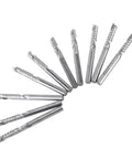 Group of 10 end mill bits, 1/8 in shank, single-flute carbide CNC router bits, fanned arrangement