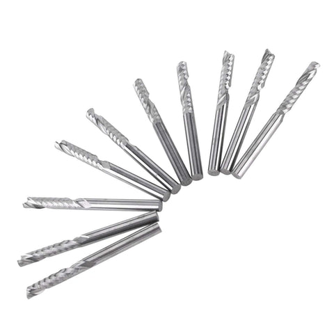 Group of 10 end mill bits, 1/8 in shank, single-flute carbide CNC router bits, fanned arrangement
