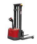 Heavy Duty Electric Pallet Stacker Delivering 3300 Lbs Capacity And 118 Inch Lift Height For Tight Warehouses With No Sweat Maneuvering adjustable straddle legs, front view.