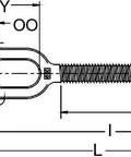 Technical drawing of Heavy Duty Real Deal Galvanized Steel Left Hand Jaw End Turnbuckle 1 1/2 Inch Shank with dimensions.
