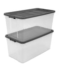 Killer 200 Quart Clear Plastic Storage Bins With Reliable Latch Lids 3 Pack stacked, heavy duty and transparent for organizing gear.