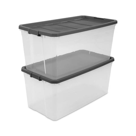 Killer 200 Quart Clear Plastic Storage Bins With Reliable Latch Lids 3 Pack stacked, heavy duty and transparent for organizing gear.
