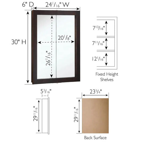 Diagram of Espresso Medicine Cabinet With Mirrored Doors 24 Inch Wide Wall Mount Bathroom Cabinet Durable Frame dimensions and shelves.