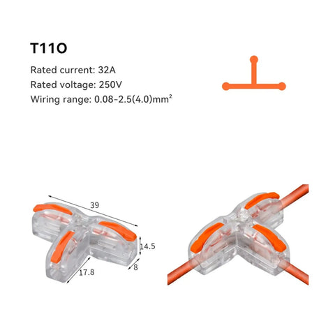 Universal Compact Wire Connector One Input Five Or Ten Outputs Quick Push Terminals For Fast Tool Free Splitter Wiring In Homes And Commercial Projects With Tin Plated Copper Contacts And Flame Retardant Housing, T110 39mm
