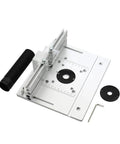 Heavy Duty Aluminum Router Table Insert Plate With Precision Center Bushing Flip Top Mount built like a tank, showing base and accessories.