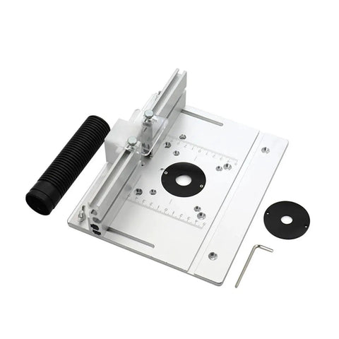 Heavy Duty Aluminum Router Table Insert Plate With Precision Center Bushing Flip Top Mount built like a tank, showing base and accessories.