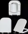 Sleek Square Toilet Seat In Crisp White With Plug And Play Mounting Kit And Hardcore Urea Resin Core, top view with hinges.