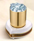 Two In One Desktop Beverage Warmer And Rapid Chiller Pad For Coffee Milk Tea And Hot Chocolate Fast Temperature Control with ice-filled gold cup.
