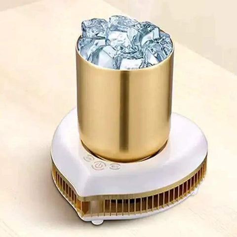 Two In One Desktop Beverage Warmer And Rapid Chiller Pad For Coffee Milk Tea And Hot Chocolate Fast Temperature Control with ice-filled gold cup.