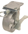 Top Shelf Heavy Duty Kingpinless Plate Caster With Swivel And 1200 Lb Load Rating Featuring 6 Inch Iron Wheels And 4 Pos Directional Lock close-up view of a swivel caster with 6-inch iron wheel and locking mechanism.