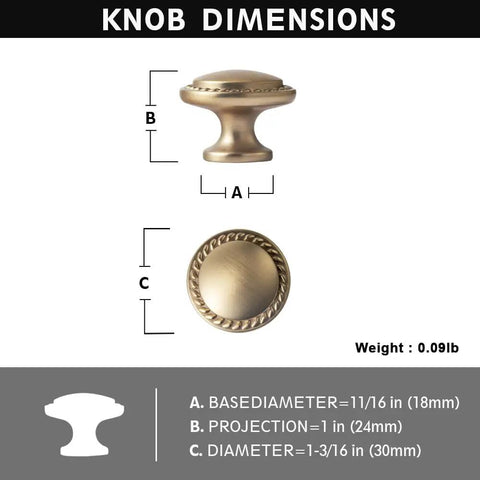 Set Of 12 Modern Champagne Bronze Cabinet Knobs With Wheatear Border, size and dimensions diagram.