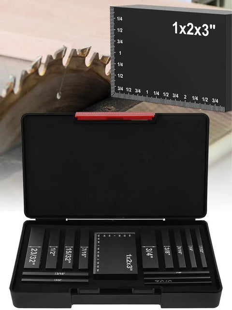 15 Piece Woodworking Setup Blocks Set With 4 Inch Aluminum Height Gauge displayed inside open black case