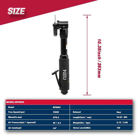 3 Inch Pneumatic Cut Off Tool With 18000 RPM for Metal Sheet Cutting, tool dimensions and specifications shown in image