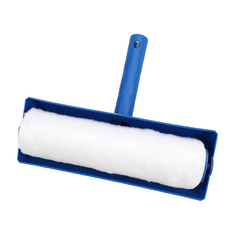 Heavy Duty 10 Inch Paint Roller With Integrated Spatter Shield For Ceilings And Walls Easy Roll Zero Drip No Mess Straight Up Professional Grade, blue handle and fuzzy roller.