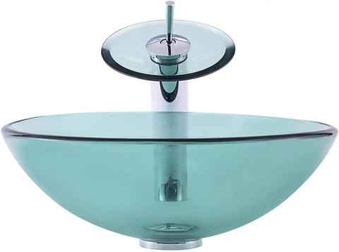 UMJIGF Tempered Glass Vessel Sink with Faucet and Drain Combo for Modern Bathroom Countertops, aqua glass bowl design.