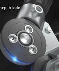 Close-up of electric drill plate cutter nibbler attachment showing sharp carbon steel blade for fast metal cutting.