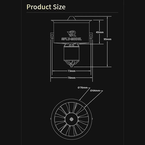 Diagram showing dimensions of 64mm 12 Blade EDF Ducted Fan With 4S 2840-KV3200 Brushless Outrunner Motor for RC Jet Aircraft.