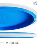 Impulse Disc Golf Distance Driver In Neutron Plastic, Understable To Neutral Flight For Long, Straight To Turnover Throws, Great For Elevating Power Or Beginners, 160-165g, Colors May Vary. blue-white disc side and top view