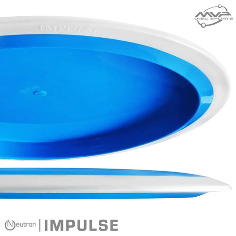 Impulse Disc Golf Distance Driver In Neutron Plastic, Understable To Neutral Flight For Long, Straight To Turnover Throws, Great For Elevating Power Or Beginners, 160-165g, Colors May Vary. blue-white disc side and top view