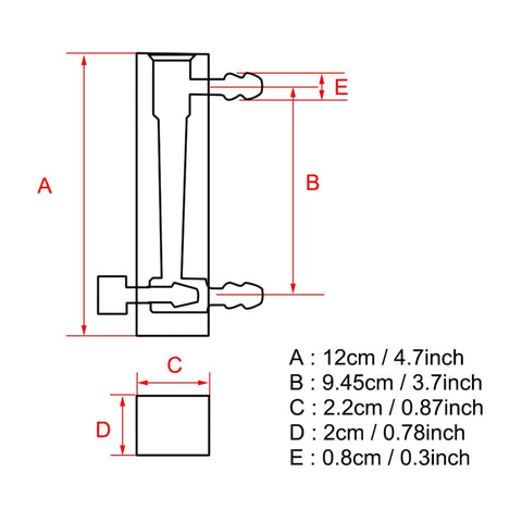 Diagram of Oxygen Air Gas Flow Meter With Control Valve 1-10 LPM, showing dimensions and hose barb connection points.