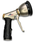 Heavy Duty Metal Garden Hose Nozzle Featuring Nine Versatile Spray Patterns For Outdoor Yard Irrigation Rust Resistant Drip Free Design Fits Standard Hoses Like A Cinch Today side view showing silver alloy construction and rubber grip